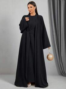 Women 2 Pieces Set: Long Sleeve Loose Abaya And Dress, Solid Color Modest Robe Spring Black - Black - View 7