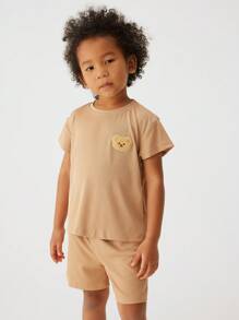 Conjunto de 2 piezas de top de manga corta y pantalones cortos con estampado de oso para niños pequeños, para verano