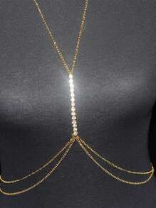 简约胸罩链腰带肚脐项链颈链性感水钻多层身体链女士珠宝 - 金色 - 查看 3