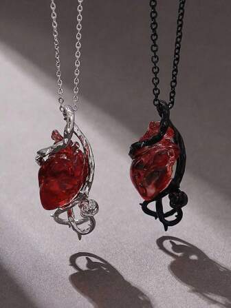 1 件深色哥特式空心荆棘缠绕 3D 心形吊坠项链，藤蔓尖刺夸张万圣节情侣锁骨链带荆棘花