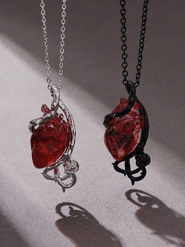 1pc Dark Gothic Style Hollow Thorns Wrap 3D Heart Pendant Necklace, Vine Spike Exaggerate Halloween Couple Clavicle Chain With Thorn Flower