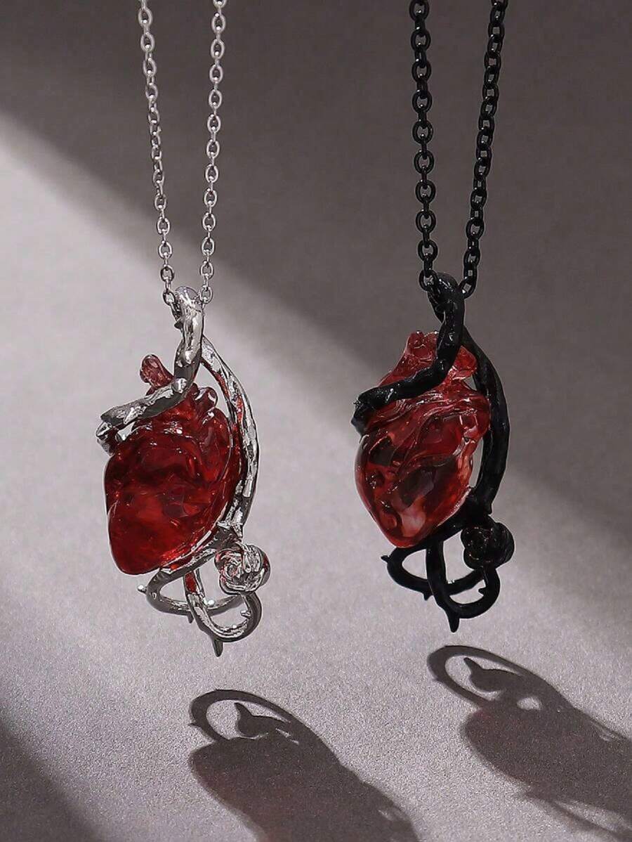 1pc Dark Gothic Style Hollow Thorns Wrap 3D Heart Pendant Necklace, Vine Spike Exaggerate Halloween Couple Clavicle Chain With Thorn Flower