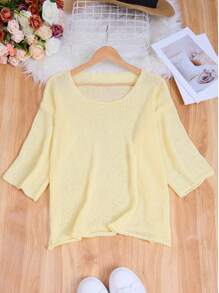 Plus Size Casual Loose Solid Color 3/4 Sleeve Sweater - Yellow - View 3