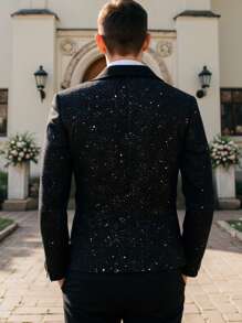 Men's Blazer Jacket, Shiny Casual Business Style With Starry Print, Suitable For Evening Gala, Wedding, Party - Black - View 2