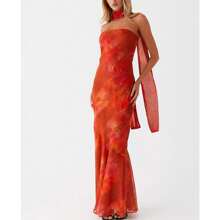 Womens Floral Strapless Dress Y2k Backless Sleeveless Tube Maxi Long Dresses Sexy Mesh Bodycon Summer Beachwear - Coral - 查看 4