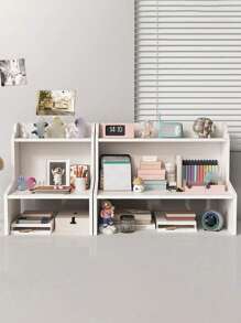 1 pieza Estantería vertical de escritorio de madera blanca y plástico, organizador de mesa para dormitorio, sala de estar, oficina y dormitorio para libros, papelería, figuras, computadoras y otros artículos