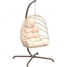 Cozy Hanging Egg Chair With Stand Indoor Outdoor, Wicker Patio Basket Swing Chair With Cushion And Golden Legs, 350lbs Durable Sturdy Egg Hammock Chairs For Deck Balcony Backyard Porch, Golden/Beige