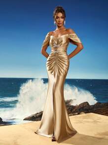 Vestido de fiesta formal de mujer con hombros descubiertos, drapeado y bajo de sirena con decoración de lazo, vestido de invitada de boda, vestido de noche, vestido de gala - Champán - Ver 6