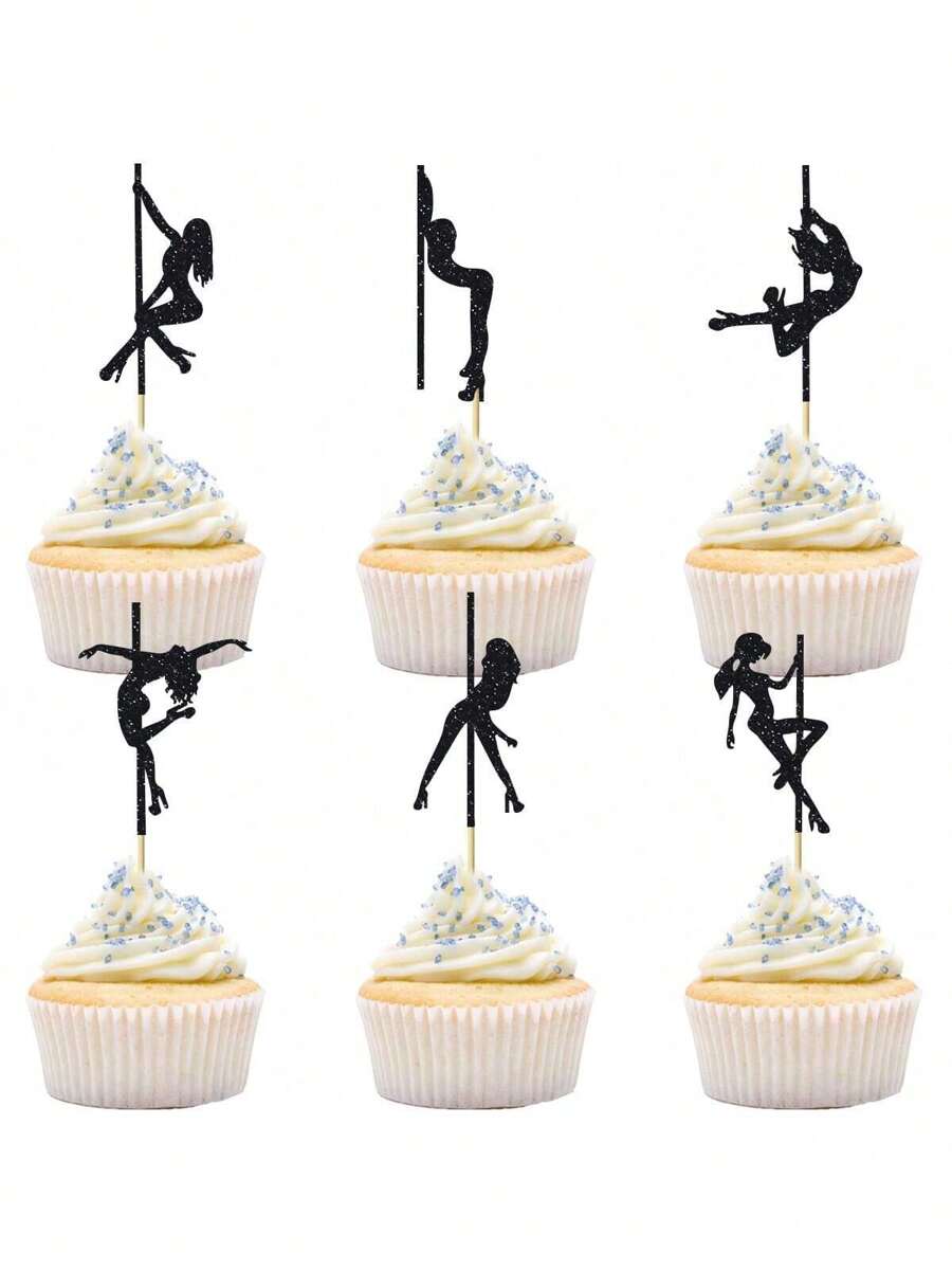 12/24 件钢管舞纸杯蛋糕装饰黑色闪光钢管舞纸杯蛋糕装饰单身派对新娘送礼会生日派对蛋糕装饰用品 - 黑色 - 查看 1