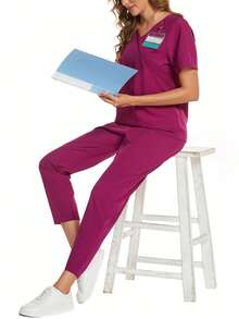 cimmuovere Uniforme de trabajo informal con top de manga corta con cuello en V cruzado y doble bolsillo, pantalón recto con cintura elástica para mujer. Conjunto de ropa de trabajo para enfermera, laboratorio, etc.