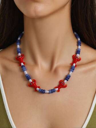 1 件手工玻璃龙虾串珠亚克力巴洛克珍珠项链，可爱动物设计，时尚配饰，夏季波西米亚风格