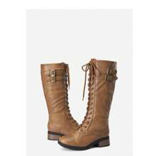 Women's Camel Faux Leather Pu Knee High Riding Combat Boots - 駝色 - 查看 3