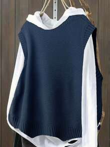 Plus Size Casual Solid Color Crew Neck Knitted Sweater Vest Top