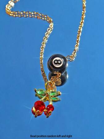 1pc Women's Stylish Minimalist Fine Chain Necklace With Sparkling Zirconia Cherry Pendant, Billiard Ball #8 Decor, High Quality Jewelry, Buling Buling Fashion Pendant Necklace, Women's Accessory, Great Gift For Friends