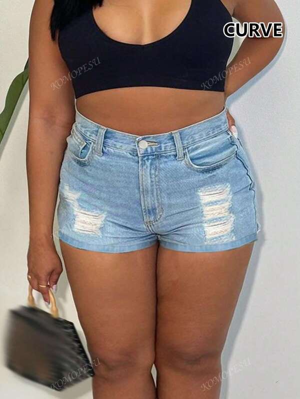 Cross Border European And American Street , Sexy, Casual, Mid Waist, Elastic, Plus Size, Ripped Jeans, Women's Denim, Short