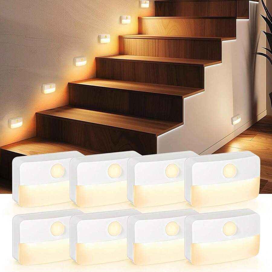 8 Pack Motion Sensor Stair Light For Indoor, Battery Operated Closet Lights, Wireless Stick On Anywhere Hallway Lamp, 40 Lumen 3000K Portable Led Night Lamps For Bedroom Under Cabinet Kitchen - 暖白色 - 查看 1