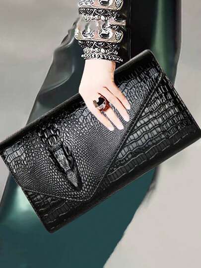 Luxury PU Leather Crossbody Bag, Fashionable All-Match Women Hand Bag, Unique Crocodile Pattern Clutch Bag