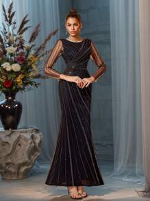 Women Elegant Black Beaded Wedding Guest Dress, Long Sleeve Striped Maxi Dress With Flowy Hem, Party Dress, Prom Dress - Black - View 9