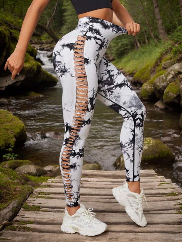 Mallas deportivas de cintura alta para mujeres, con efecto levantador de cadera, estilo tie-dye hueco, para entrenamiento de verano y ocio al aire libre