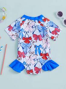 Baby Girl Rash Guard Swimsuits Short Sleeve Round Neck Ruffle Bathing Suit Toddler Swimwear - Blue - View 3