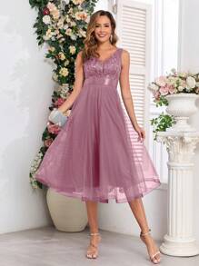 Đầm phù dâu dáng chữ A cổ chữ V đính sequin và vải lưới, đầm dự tiệc Giáng sinh, đầm dạ hội thanh lịch dành cho nữ, phù hợp cho khách dự đám cưới, lễ tốt nghiệp, dạ tiệc và các dịp khác. - Bụi hồng - Xem 3