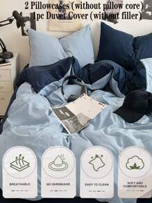3pcs Light Blue & Dark Blue Super Soft Reversible Bedding Set, 1 Duvet Cover, 2 Pillow Shams, Suitable For Dorm Room Or Bedroom, Machine Washable - Blue - View 5