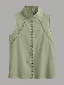 女式高领无袖宽松蕾丝花边衬衫 - 綠色 - 查看 3