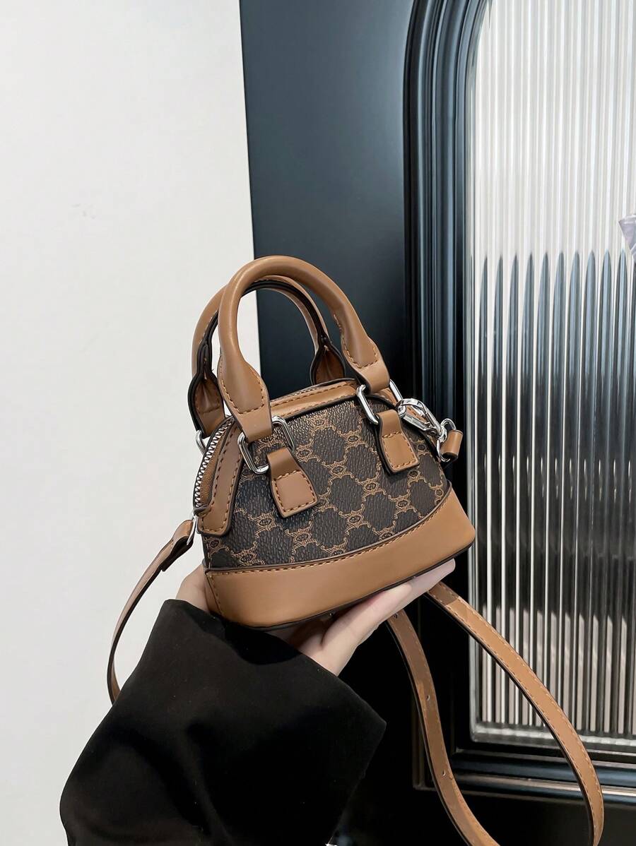 Mini Shoulder Bag New Diamond-Quilted Contrasting Color Jacquard Handbag Messenger Bag Retro Shell Bag - Brown - View 1