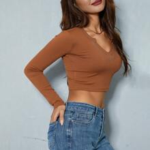 Women Long Sleeve Crop Top Casual Front Button V Neck Ribbed Knitted Slim Fit Fairy Grunge Shirts