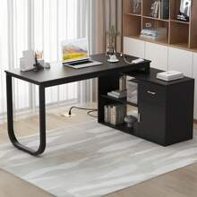 Mesa de estudio reversible con 2 estantes y toma de corriente - Negro - Ver 1