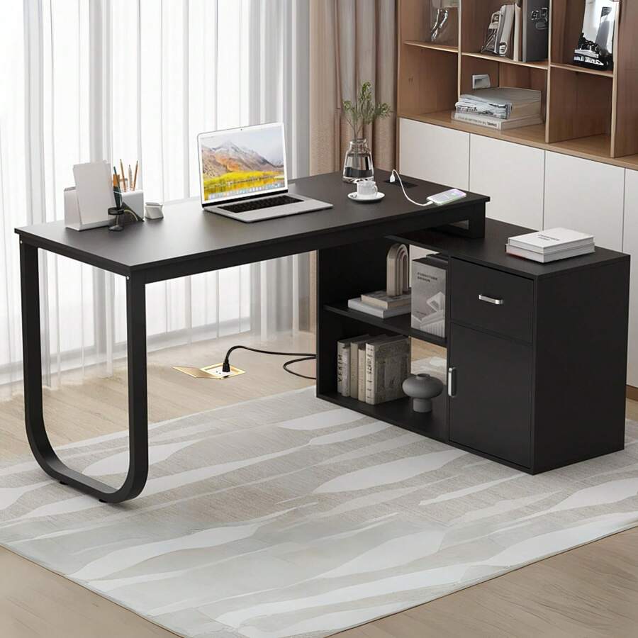 Mesa de estudio reversible con 2 estantes y toma de corriente - Negro - Ver 1