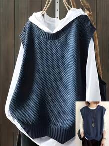 Plus Size Casual Solid Color Crew Neck Knitted Sweater Vest Top