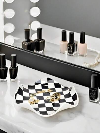 1pc Elegant Black & White Ceramic Jewelry Tray, Ring Earring Necklace Storage Dish, Home Decor, Cosmetic Organizer, Accessories Display Tray