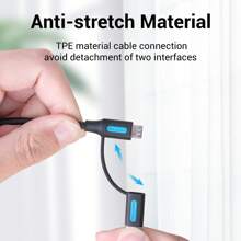 Cable de teléfono VENTION Cable USB 2 en 1 de carga rápida de 60 W, cable de datos USB A a Micro-B/USB-C de 3 A y 480 Mbps, material de TPE y PVC compatible con Samsung Galaxy S10 S9 Plus, bancos de energía, Android, tabletas, portátiles, HDD, primer cable de carga múltiple compatible con iPhone, , OnePlus, Samsung Galaxy S7/HTC, Android, Kindle, , cámara, MP3 Tipo C, Micro-USB - Negro - Ver 8