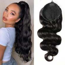 Extensiones de cola de caballo con cordón y clip para cabello humano, para mujeres, rizado, ondulado, grueso, aspecto natural, liso y rizado. - Natural Black - Ver 5