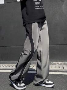 Contrast Color Patchwork Retro American Cargo Pants, Loose Casual Relaxed Wide Leg Trousers - Grey - View 4
