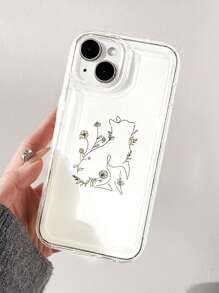 1 件简约线条猫咪花朵图案柔软 TPU 防滑手机壳适用于 11/12/13/14/15/16 Pro Max 防水防震防摔防刮 - 彩色 - 查看 1