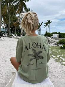 Damen Frühling und Sommer neue Palme Schriftzug Muster Alltag Lässig Rundhals Kurzarm T-Shirt, modischer Urlaubsstil, Ihr tägliches Essential. Grafik T-Shirts Frauen Weißes Top Schwarzes Top Rosa Top Urlaubsoutfits Frauen