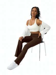 1pc Women Plus Size Flare Yoga Pants, Slimming Fashionable Workout High Waist Fitted Leggings With Pockets - Coffee Brown - View 4