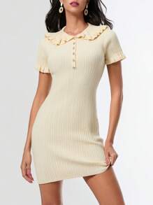 Women's Knit Short Dress Solid Color Ruffled Lapel Neck Short Sleeve Button Front Bodycon Dress For Summer - Yellow - View 8