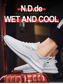 2025 纯色加大码男士修身窄款休闲运动鞋，轻质透气网眼鞋面，柔软鞋底，适合日常穿着、校园和通勤 - 白色 - 查看 1