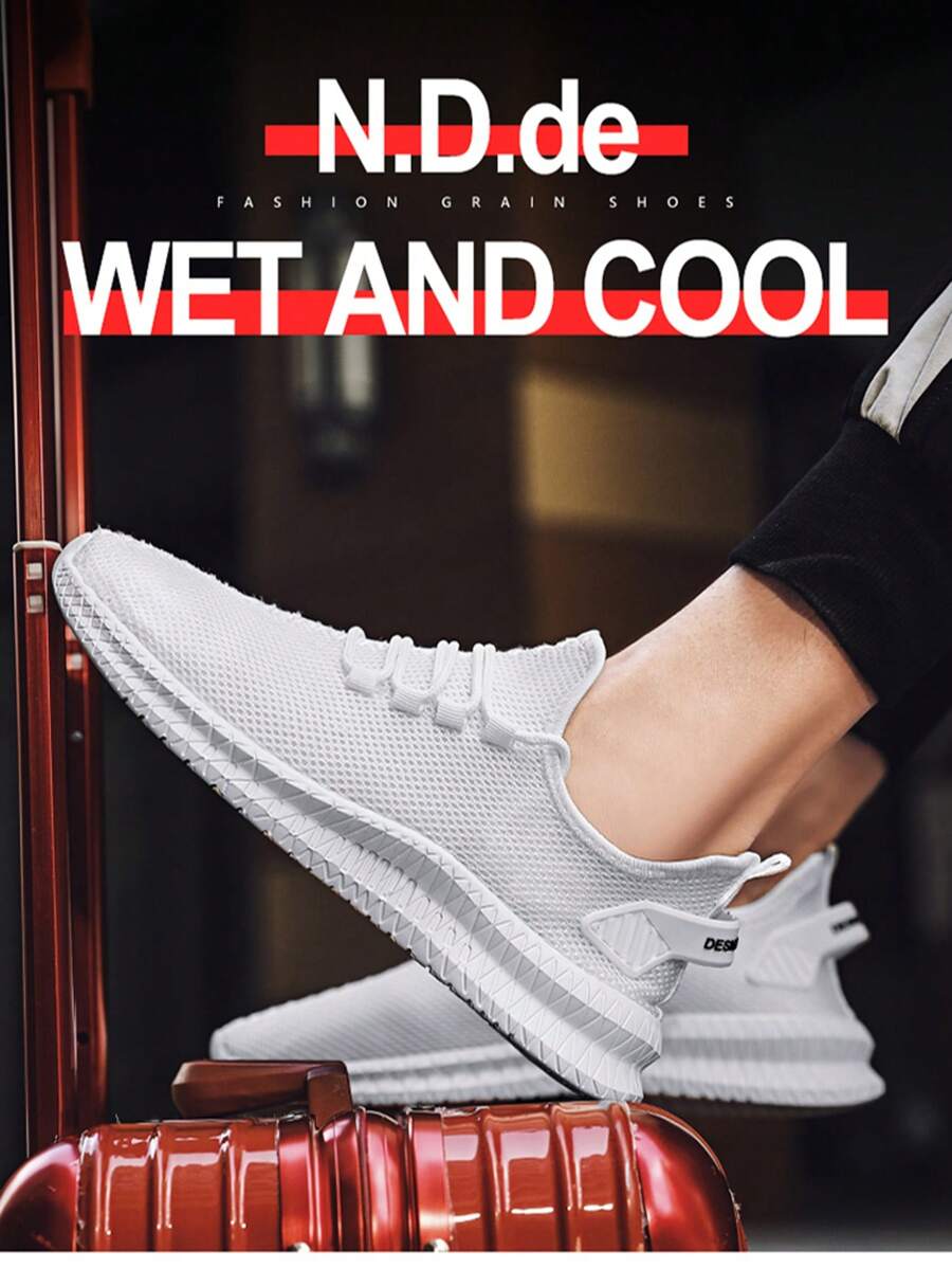 2025 纯色加大码男士修身窄款休闲运动鞋,轻质透气网眼鞋面,柔软鞋底,适合日常穿着、校园和通勤 - 白色 - 查看 1