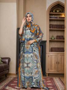 1pc Women Floral Printed Faux Silk Long Scarf With Hijab, Loose Plus Size Shawl For Homewear, Suitable For Summer & Autumn, Indoors And Air-Conditioned Rooms, Abaya Hijab, Modest Kaftan