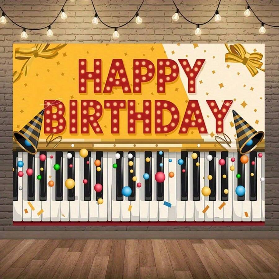 1pc Happy Birthday Piano Banner - Music Notes And Keyboard Design, Perfect For Party Decoration And Studio Props - 1 - View 1