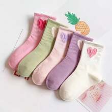 5 Pairs Girls' Cute Heart Princess Mid-Calf Socks - Pink - View 8