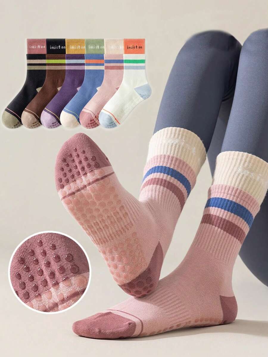 1/3/6 双女式拼色防滑瑜伽和普拉提中筒袜，运动过脚袜，适合在地板上穿着 - 彩色 - 查看 1
