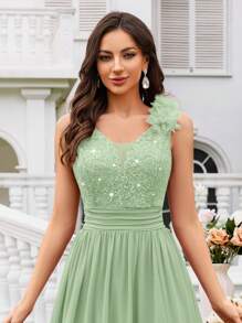 MIUSOL Sequin Floral Lace Sweetheart Neck Sleeveless Ruffle Chiffon Slit Maxi Formal Party Dress, Formal Evening Gown, Suitable For Wedding Guest, Graduation Ceremony, Gala And Other Occasions