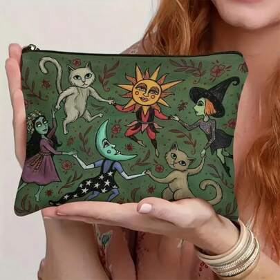 Enchanted Forest Night Cosmetic Bag - Halloween Gift - Dark Green Bag With Whimsical Witch, Cat And Moon Design, Zipper Pouch To Hold Makeup, Pencils Or Snacks - Perfect Gift For Sisters, Students And Adults, Multipurpose Pouch | Celestial Art | Durable Zipper Closure, Large Makeup Bag Make Up Bag