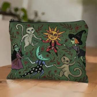 Bolsa de cosméticos del Bosque Encantado por la Noche - Regalo de Halloween - Bolsa verde oscuro con diseño caprichoso de bruja, gato y luna, bolsa con cremallera para guardar maquillaje, lápices o bocadillos - Regalo perfecto para hermanas, estudiantes y adultos, bolsa multiusos | Arte celestial | Cierre de cremallera duradero, bolsa de maquillaje grande