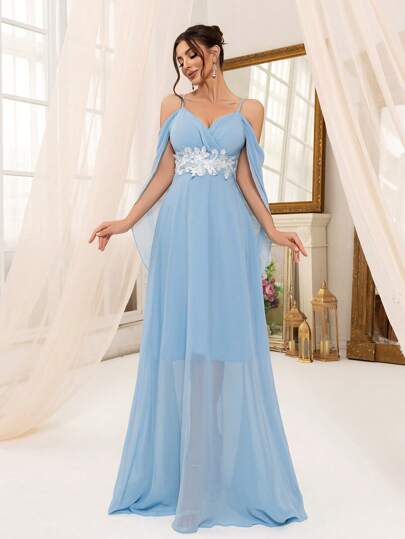 Women's Summer Embroidery Applique Sling Open Shoulder Slim Fit Long Skirt With Long Swing Ladies Blue Elegant Elegant Chiffon Bridesmaid Dress High-End Niche Wedding